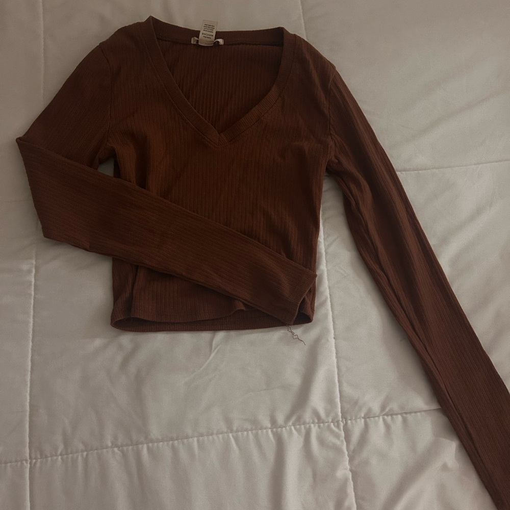 Women's Brown V-Neck Long Sleeve Top